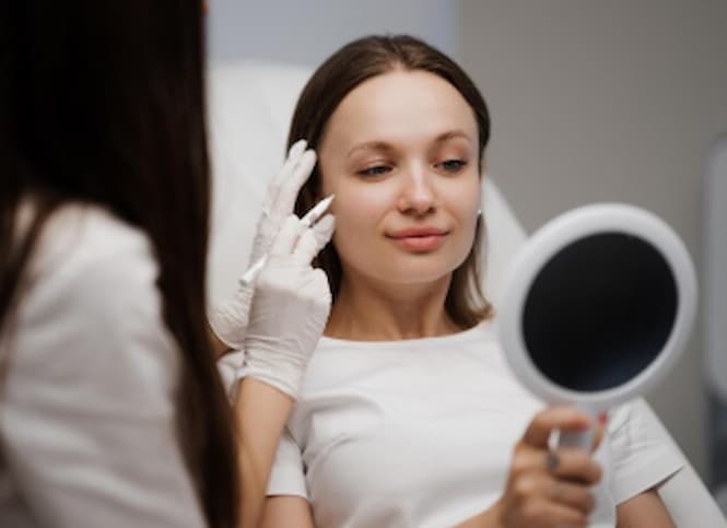 Na imagem, está uma mulher acompanhando as intervenções estéticas no rosto, olhando para um espelho, enquanto a doutora finaliza o procedimento, depois de descobrir qual o melhor consórcio para cirurgia plástica.